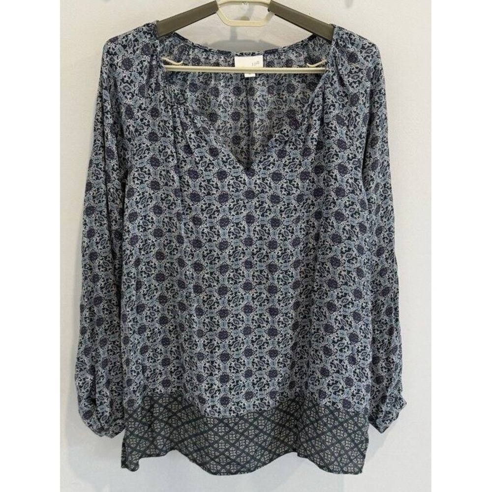 J Jill Blue Gray Purple Geo Print Long Sleeve Tunic Shirt Notch Neck Size XS